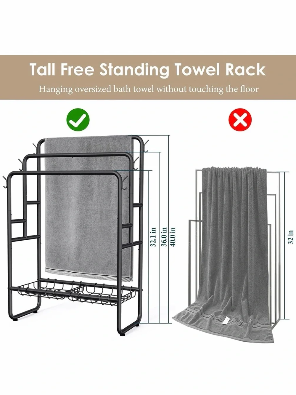Black 40'' Freestanding 3 Tier Metal Towel Rack, 2 Baskets & 6 Hooks🪝